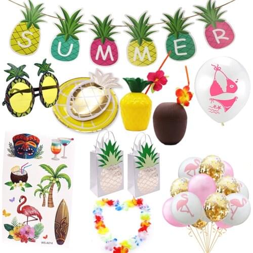 Summer Hawaii Party Pineapple Paper Plates Straws Flamingo Binkin Air Balloon Glasses Banner Decoration For Tropical Beach Party