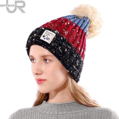New Womens Winter Hat Three Color Patchwork Pompoms Knitted Hat Girls Warm Fur Hat Winter Hats For Women Fashion Female Beanie