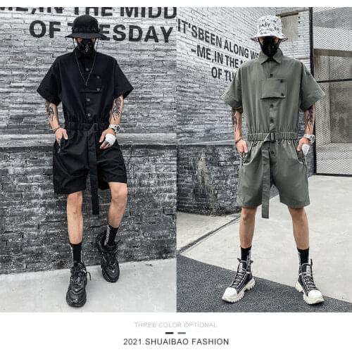 Summer new fashion Japanese tooling overalls mens trend loose straight-leg shorts one-piece short-sleeved handsome casual suit