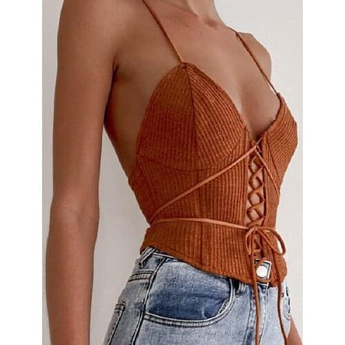 Solid Color Summer Sexy Camisole V Neck Sleeveless Front Hollow Out Bandage Slim Backless Wild Chic Stylish Basic Sling Tops