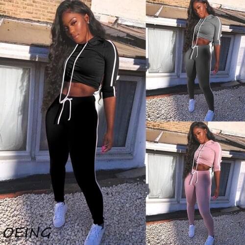 Autumn Long Sleeve Hoodies Sweat Suits Crop Tops and Pants Side Stripe Fashion Tracksuit Fitness Two Piece Sets