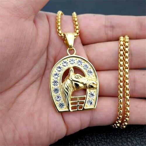 Hip Hop Iced Out Bling Horseshoe With Horse Head Pendant Necklace For Men/Women Gold Color Stainless Steel Jockey Club Jewelry