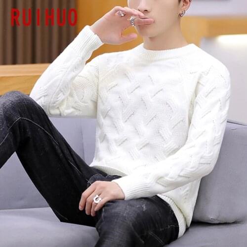 RUIHUO O-Neck Solid Knitted Sweater Men Clothing Harajuku Sweaters Pullover Men Sweater Fashion Mens Clothes M-2XL 2021