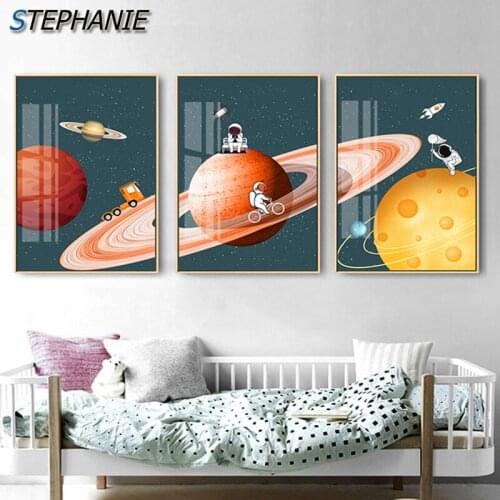 Modern Outer Space Earth Poster Cartoon Cute Astronaut Canvas Painting Wall Art Pictures for Living Room Childrens Room Decor