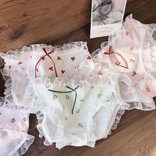 Lovely fruit printed lace rib cotton low waisted briefs for girls panties tangas mujer sexy lingerie lenceria para mujer