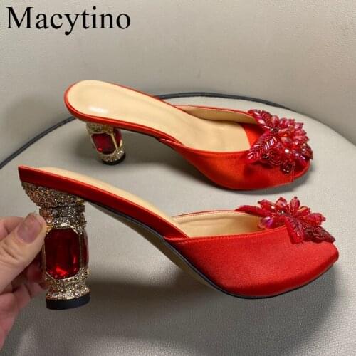 Girls Slipper Sandals Women Big Bow Flip flops Rhinestone Bow-Knot Beach Slippers High Heel Red Shoes Woman Slides Silk Sandals