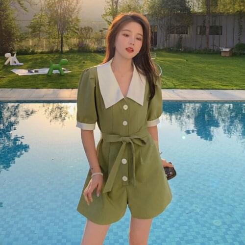 Summer Short Sleeve Wide Leg One Piece Shorts Sets Overalls Women Fashion Korean Loose Casual Bandage Short Jumpsuit Romper