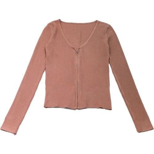 2021 Spring New V-neck Zipper Slim Sweater Cardigan Solid Color Long Sleeve Knitting Short Tops
