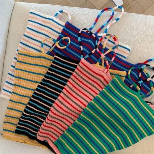 2021 Summer Womens Color Striped Knitted Camis Fresh Sexy Backless Sleeveless Crop Top for Sweet Girls Y2k Tops Korean Tank Top