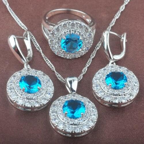 Round Sky Blue Zirconia Womens Jewelry Sets Wedding Accessories Silver Color Necklace Pendant Earrings Rings 2020 New TZ0268