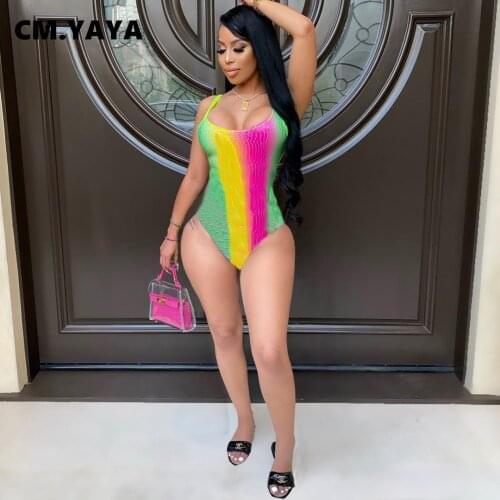 CM.YAYA Women Bodysuit Gradient Color Sleeveless Strap O-neck Bodysuits Sexy Fashion Swimsuit Beachwear Summer Outfits 2021