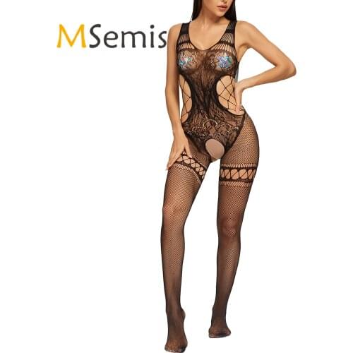 Womens Lingerie Hollow Out Transparent Fishnet Sleeveless Crotchless Bodysuit Nightwear See-through Mesh Leotard Bodystocking