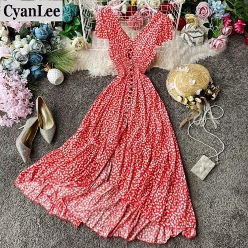 Cyanlee Summer Floral Maxi Dress Women Bohemian Irregular Cotton Backless Ruffle Long Dress Vintage Pleated Print Beach Wear