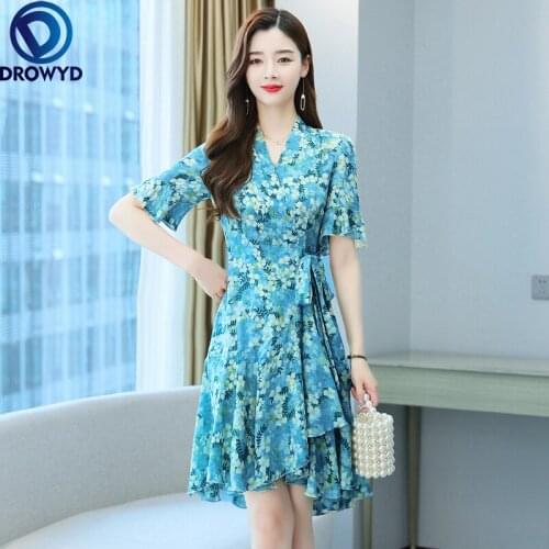 Summer Elegant Printed Vintage Short Sleeve Dress Women New Net Yarn Sexy V-neck Floral Chiffon Cocktail Dresses Party Vestidos