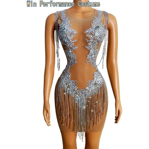 Sparkly Silver Stones White Tassel Dress Nude Fleshcolor Birthday Prom Celebrate Outfit Bar Evening Women Dancer Fringes Dress