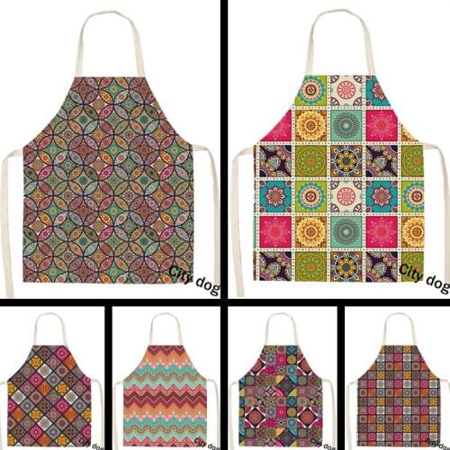 1Pcs Kitchen Cooking Apron Bohemian Bible Mandala Printed Home Sleeveless Cotton Linen Aprons for Men Women Baking Accessories