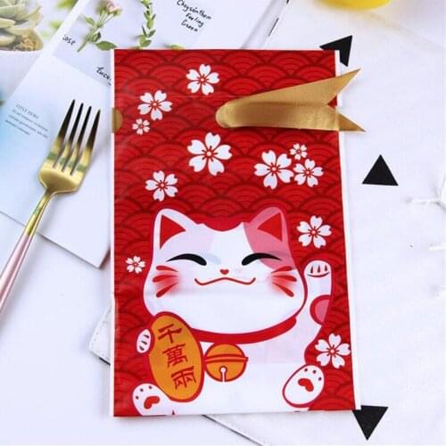 10 Pieces Cute Red Fortune Cat Gift Bags Candy Bags Biscuit Bags With Pull Rope For Party