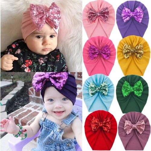 18 pcs/lot Baby Girls Sequin Bow Turban Hats, Cotton Beanie Hat Caps For Newborn Baby Headwear