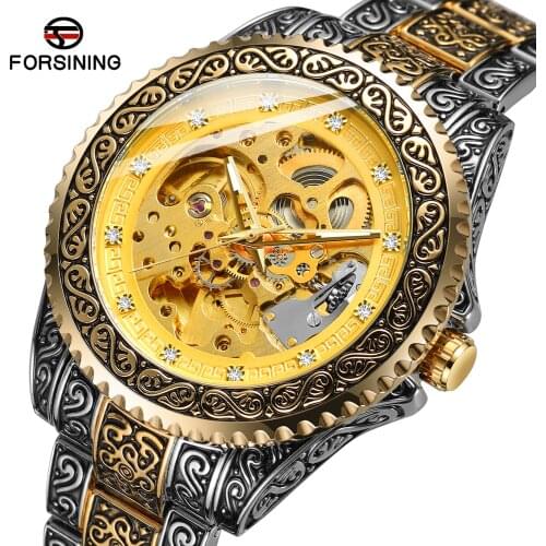 2021 Forsining Men Hollow Out Automatic Mechanical Rhinestone Dial Wrist Watch Classic Fashion Business Hip Hop Boys Watches