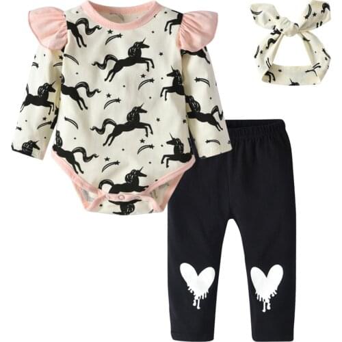3Pcs Baby Girls Clothes Newborn Toddler Cartoon Horse Ruffles Long Sleeve Romper Tops+Pants+Headband Infant Clothing Set