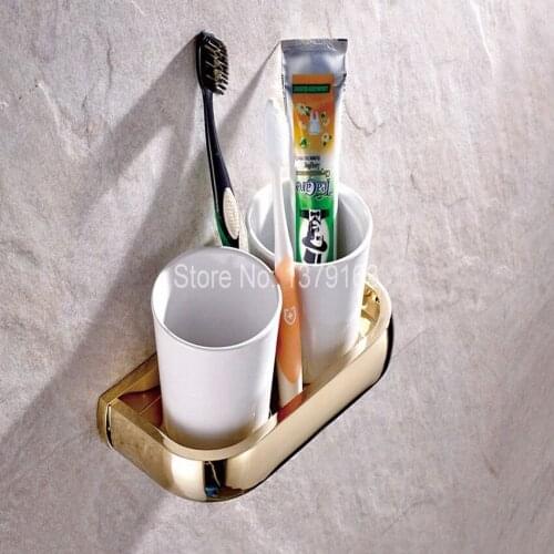 Bathroom Accessories Luxury Gold Color Brass Bath Wall Mounted Bathroom Toothbrush Holder Set Double Ceramic Cups aba846