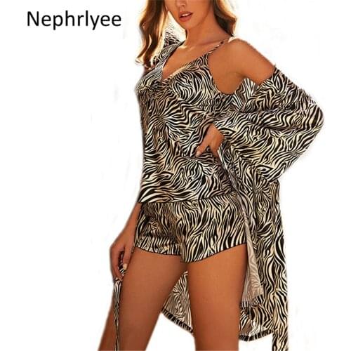 Satin silk Pajamas Sets Womens 3PC Strap Top Pants Suit Sleepwear Spring Autumn Homewear Nightwear Bath Gown M-XL SLP001384