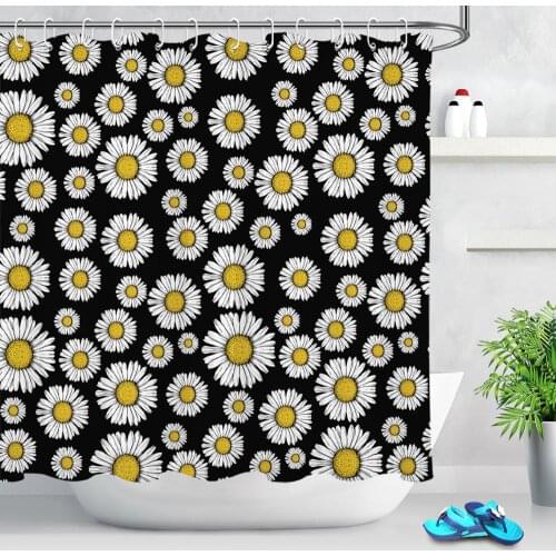 White Daisies Flower Shower Curtains Bathroom Curtain Waterproof Polyester Fabric Floral Black Bath Curtain Set with Hooks