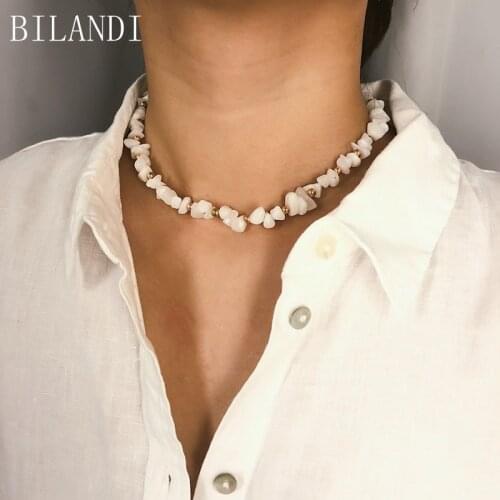 Bilandi 2021 New Sea Style White Crystal Spar Choker Necklace Geometric Natural Gravel Irregular Bead Necklace for Women Jewelry