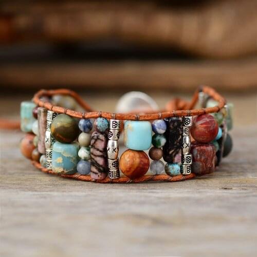 Bohemian Vintage Leather Wrap Bracelets W/ Japsers Stone Beaded Strand Cuff Bracelet Handmade Bohemian Jewelry Dropship