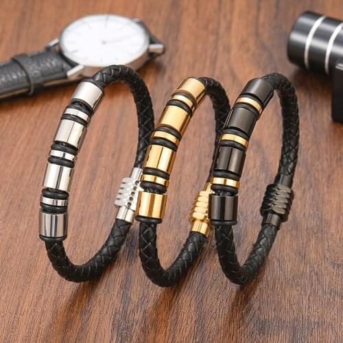 Personalized Custom Engraved Name Single Leather Bead Bracelet Mens And Womens Punk Black Gold Stainless Steel Beaded Bracelet