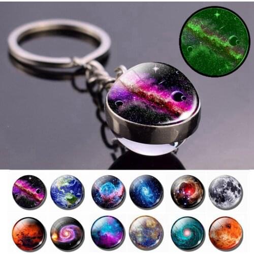 Glow In The Dark Solar System Planet Keyring Galaxy Nebula Luminous Keychain Moon Earth Sun Double Side Glass Ball Key Chain