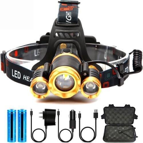 D2 Gold Three LED Headlight Headlamp 3LED T6 Head Lamp Power Camping Fishing Light Flashlight Torch Head Light 18650 Battery