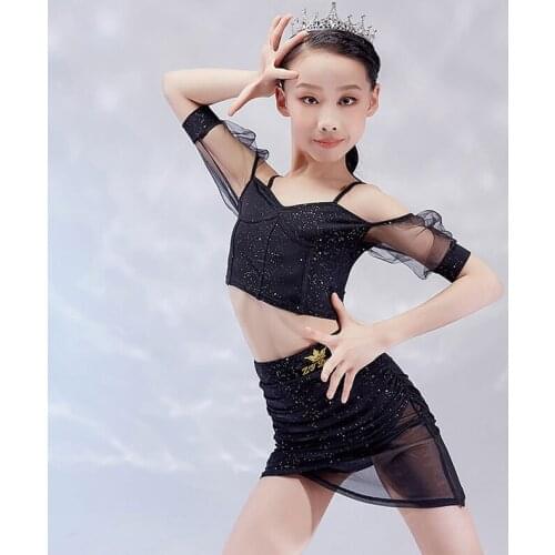 Kids Latin Dance Costumes Girls Black Dancing Practice Outfits Sequin Performance Dance Dress Samba Tops+Skirt Summer VDB3403