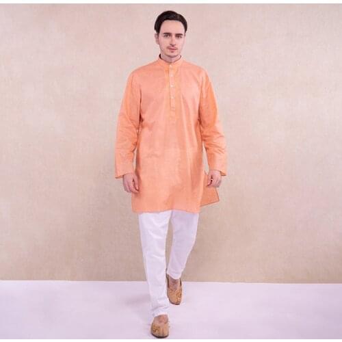 Kurtha Indian Clothing for Men Kurtis Ethnic Style Orange Shirt White Pants Hindu Clothes Male Cotton Kurta India Costume