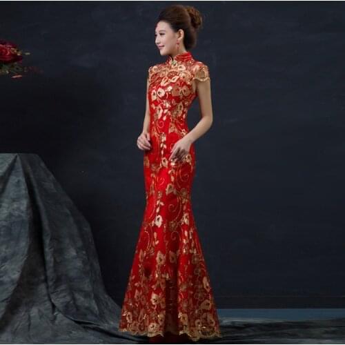 Red Chinese Wedding Dress Female Long Short Sleeve Cheongsam Gold Slim Chinese Traditional Dress Women Qipao party cheongsams