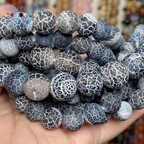 Natural Black Frost Cracked Agates Onyx Stones Loose Round Beads For Jewelry Making 4-12 MM DIY Bracelets Accessories 15"