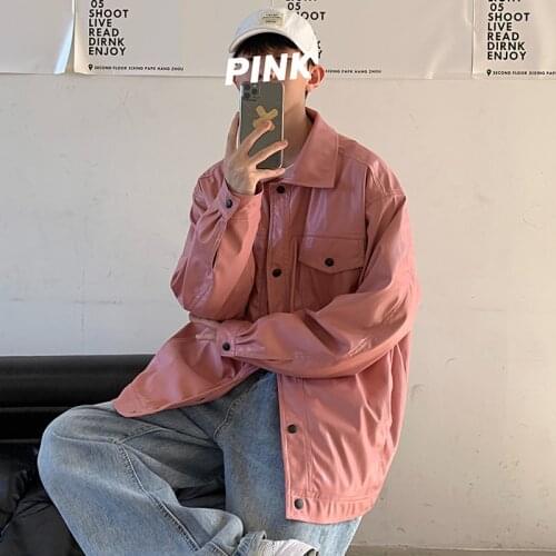 Men Solid Leather Coat Autumn Winter PU Jackets Casual Motorcycle Biker Windproof Jacket Coats Watermelon pink/Black/Apricot