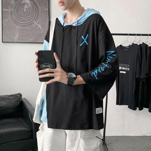 2021 Hot style Hong Kong Style 7 ¾ Sleeve T-Shirt Men Short Sleeve Hooded Hoodie Large Size Half Sleeve T-Shirt