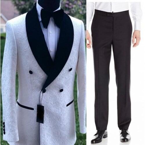 Men Suits White Pattern and Black Groom Tuxedos Shawl Lapel Groomsmen Wedding Best Man 2 Pieces ( Jacket+Pants+Tie ) D87