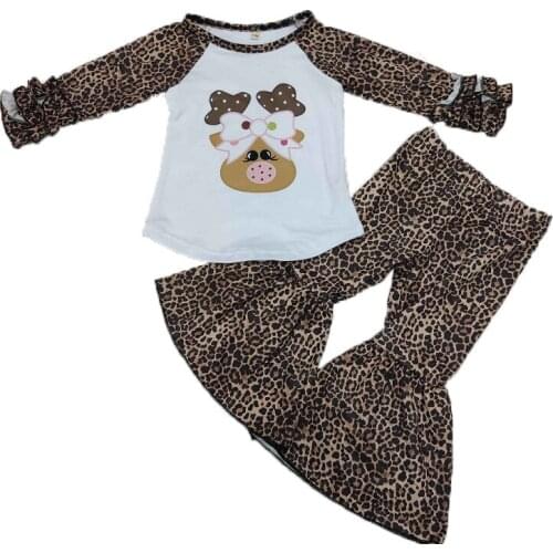 2020 New Girls Outfits Deer Long Sleeves Tops Leopard Bell Bottom Pants Christmas Spring Autumn Boutique Kids Clothing-Sets