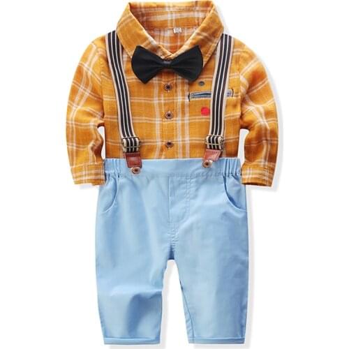 Baby Boy Clothes Gentleman Suits Newborn Soft Cotton Long-Sleeved Plaid Shirt+Suspender Trousers Set Infant Boy Clothing