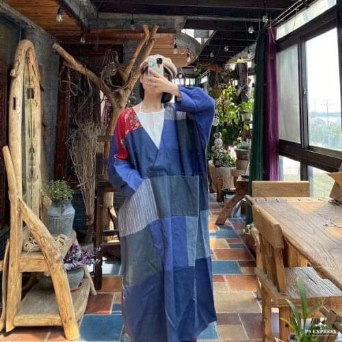 Women Spring Autumn Retro Patchwork Dress Ladies Vintage V Neck Linen Plus Size Dress Female Dresses 2021