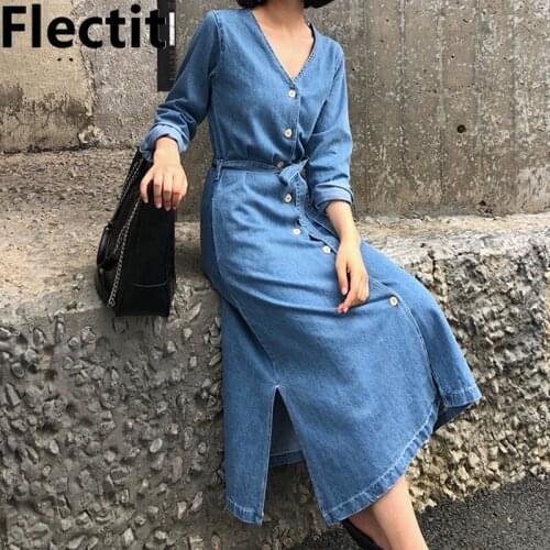 Flectit Casual Womens Long Sleeve Denim Dress With Tie Belt V-Neck Button Down Blue Jeans Midi Dress Laides Outfit