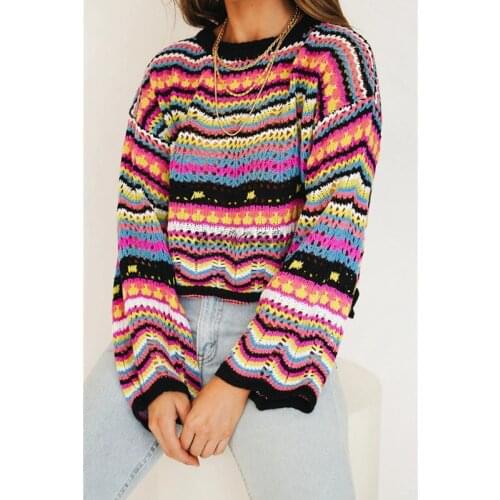 Pullover Women Oversizes Patchwork Rainbow Striped Print O-neck Knit Sweater Casual Loose Ethnic Vintage Autumn Ladies Pullovers