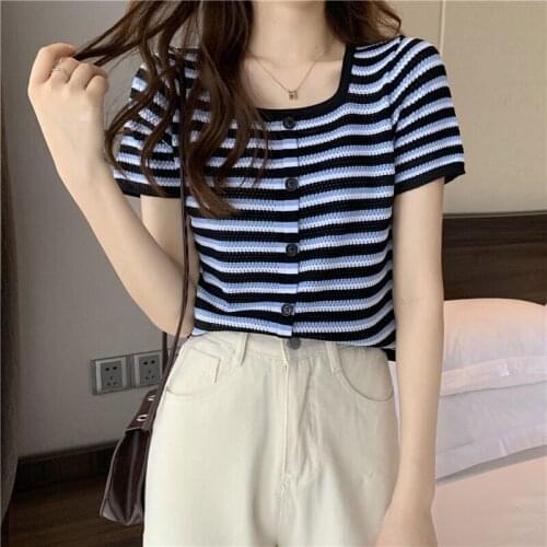Ice Silk Womens Sailors Striped T-Shirts Cool Korean Fashion Summer Clothes Knitting Mesh Soft Girl Elegant Top Free Shipping