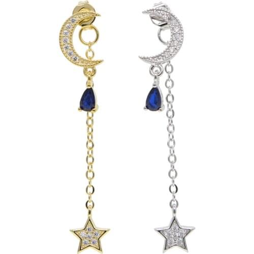 Tear drop blue cz charm dangle earring 2019 new design moon star white CZ fashion trendy women dainty tassel chain jewelry