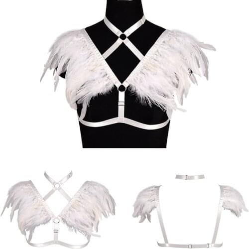 Punk Sexy Lingerie Harness For Women Cage Bra Feathers Halloween Rave Costume Accessories Elastic Bondage Waist Suspender Belt