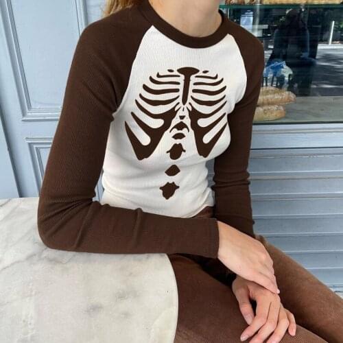 Y2k Womens Tube Top Ladies Round Collar Creative Sternum Printing Raglan Long Sleeve Midriff-baring Tops Slim Base Shirt 2021