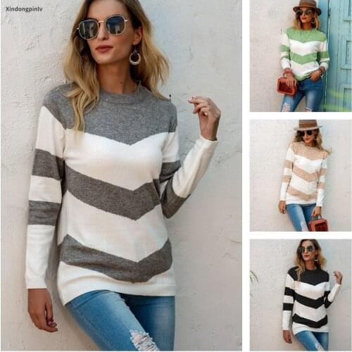 Women Sweater Striped Print Knitted Long Sleeve O Neck Top Female Casual Loose Fall Winter Soft Warm Wool Poullovers Jumpers