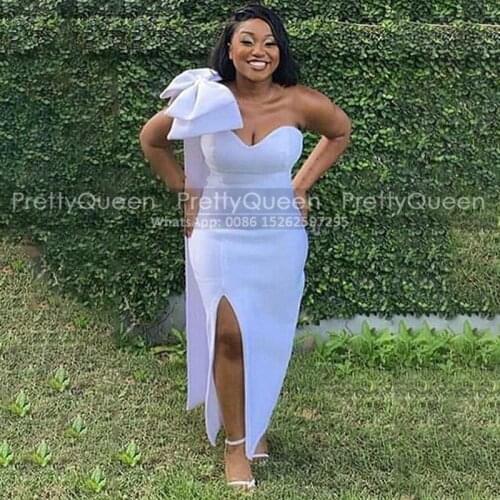 White Mermaid Bridesmaid Dress With Bow Streamer One Shoulder Side Split Long Wedding Party Dress Robe De Soiree De Mariage